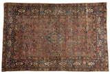 Vintage Fine Yezd rug, cochineal red field with diamond medallion and inscribed indigo borders.