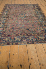 Fringe and blue main border of the Vintage Fine Yezd rug, showing Farsi script cartouches.