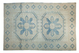 Vintage Distressed Oushak rug: pale denim blue double starburst medallions, ivory field. 6'10