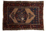 Vintage Fine Hamadan rug, oversize beige medallion, Herati motif, madder red vinery border, 3'5