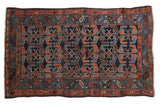 Antique Hamadan rug, unusual shrimp and floral field, serrated border, cobalt blue, copper, brown.