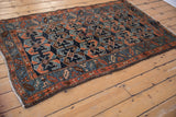 Antique Hamadan rug with cobalt blue field, dusty copper shrimp motif, and serrated leaf border.