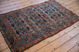 Antique Hamadan rug corner, serrated leaf border and cobalt, dusty copper shrimp motif.