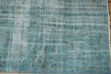 Vintage distressed Oushak rug pile, pale turquoise, ivory, with worn foundation areas.