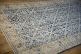 Distressed dusty denim blue lattice pattern and worn antique ivory border of the vintage Sparta rug.