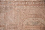 Distressed vintage Oushak rug pile, with even wear, faint foundation, and blended beige tones.