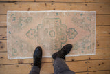 Faded ivory Oushak runner, pale green medallion, with visible even distressed wear.