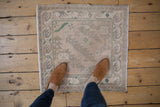 Distressed vintage Oushak rug showcasing its nuanced muted beige and dusty green patterns.