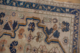Distressed Oushak rug texture with beige field, navy blue floral motifs, and a meandering vine border.