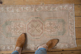 Distressed Oushak rug's pearl seed and tree-of-life motifs in muted beige and seafoam green.