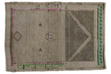 Distressed Oushak rug, prayer mehrab, oxidized silver abrashes, pink and green borders.