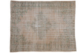 Distressed Vintage Oushak carpet with faded ivory, coffee, seafoam green medallion design, 6'6