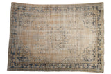 Vintage distressed Oushak rug, ivory-beige ground, faded navy palmette medallion. 6'8