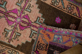 Distressed Kars rug border with tangerine, fuchsia, aqua geometric pattern and visible textured edge.