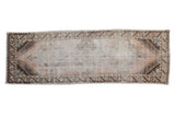 Distressed Oushak runner with faded triple medallion, dusty rose, ivory, and chocolate brown, 3'1