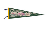 Vintage Grand Canyon dark green felt pennant with Watchtower, Canyon, Hopi House illustrations.