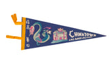 Vintage Chinatown Los Angeles felt pennant: navy blue, with a colorful dragon graphic, 18x7 inches.