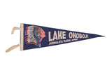 Navy blue vintage 1950s Lake Okoboji felt pennant, Native American headdress motif, 17x6.