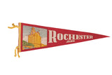 Vintage red felt pennant flag with Rochester, Minnesota text and Mayo Clinic graphic.
