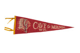 Vintage red felt pennant for Cave of the Mounds, Wis. featuring a Native American graphic.