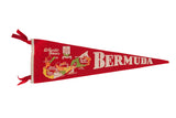 Vintage red felt Bermuda pennant, island map with sailboat, swimmer, cyclist graphics.