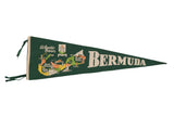 Vintage Bermuda felt pennant, green, ivory map featuring sailboat, swimmer, fisherman.