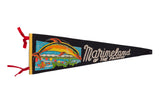 Vintage Marineland of the Pacific felt flag with a vibrant, colorful illustration of a dolphin and fish.