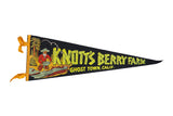 Vintage Knotts Berry Farm California felt pennant with gold miner graphic and vibrant yellow text, 26x9 inches.