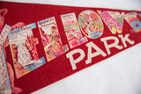 Vintage Yellowstone felt pennant detail with scenic graphics and cracked white 