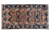 Distressed Oushak runner with indigo blue, pale terracotta geometric motifs, 3'9