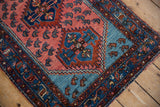 Vintage Lilihan runner corner: brilliant aqua blue spandrel, serrated edge, Caspian sea shrimp.