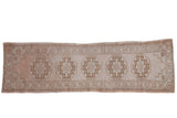 Distressed vintage Oushak runner, beige and pale coffee geometric gul pattern, 2'7