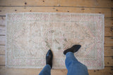 Distressed vintage Oushak rug showing faded medallion, floral vinery, lattice, in ivory, rose, seafoam.