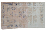 Distressed vintage Oushak rug with faded ivory, beige, and denim blue medallion pattern. 3'1