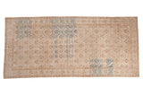 Distressed Oushak runner, geometric floral trellis, dusty blue, pale bronze, ivory, 4'10