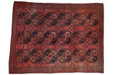 Vintage Ersari carpet with dusty blush and charcoal navy gul panels, diamond border. 9'3