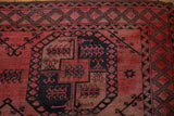 Meandering vine lattice diamond border and dusty rose floral gul motif on the Ersari carpet.