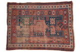 Antique Caucasian rug, prayer map, madder red, indigo blue, green, foundation wear, 4x5'3