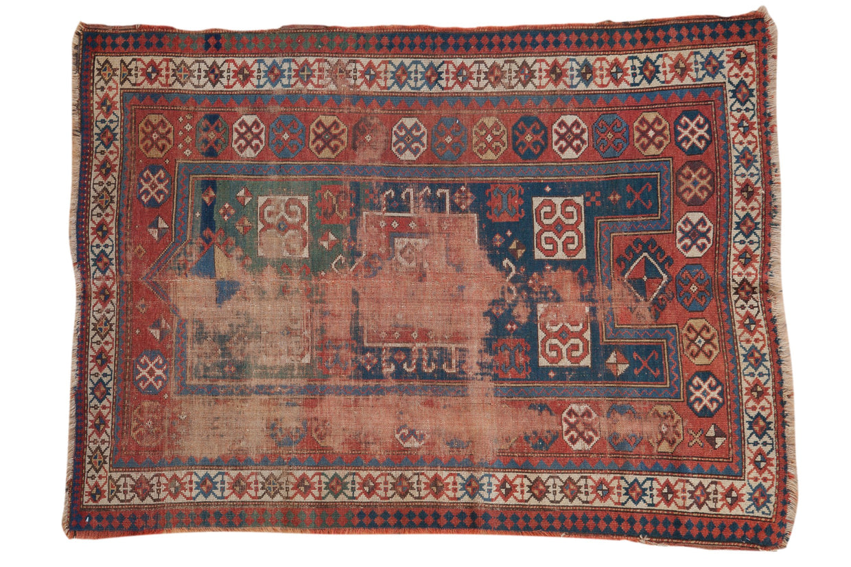 Antique Caucasian rug, prayer map, madder red, indigo blue, green, foundation wear, 4x5'3