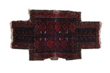 Antique Belouch saddle cover, madder red and navy geometric gul design and intricate border, 1'8