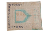 Distressed Oushak square rug, aqua blue prayer mehrab, ivory field, slate blue geometric borders, 4'8