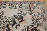 Distressed charcoal, ivory, blush vintage Qom pictorial rug, featuring an archer and forest scene.