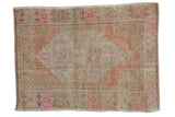 Distressed vintage Oushak rug, oversized stepped medallion, geometric florals, faded pale orange and pink, 2'9