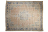 Distressed vintage Oushak carpet, dusty blush field, pale blue medallion, floral border, 8'8