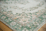 Distressed vintage Oushak carpet border, with green, coffee brown, ivory meandering floral vinery.