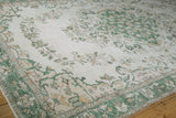 Distressed vintage Oushak carpet pattern, green floral vinery and meandering border.