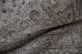 Distressed vintage Oushak carpet texture showing mostly even wear with foundation visible.