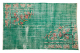 Distressed Turkish Art Deco carpet, pale turquoise green blue, rose lotus florals, visible wear, 6'5