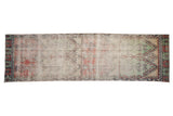 Distressed vintage Oushak runner, geometric panel design, faded brick, mint, and charcoal, 3'6