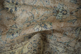 Distressed Sparta runner texture, mostly even wear, faded floral palmettes in sand, navy, seafoam.